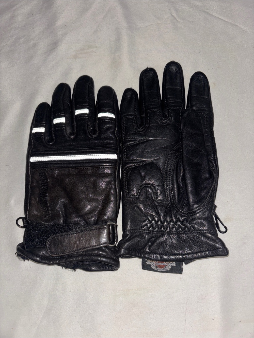 Harley-Davidson Black Leather Riding Gloves with White Reflective Stripes